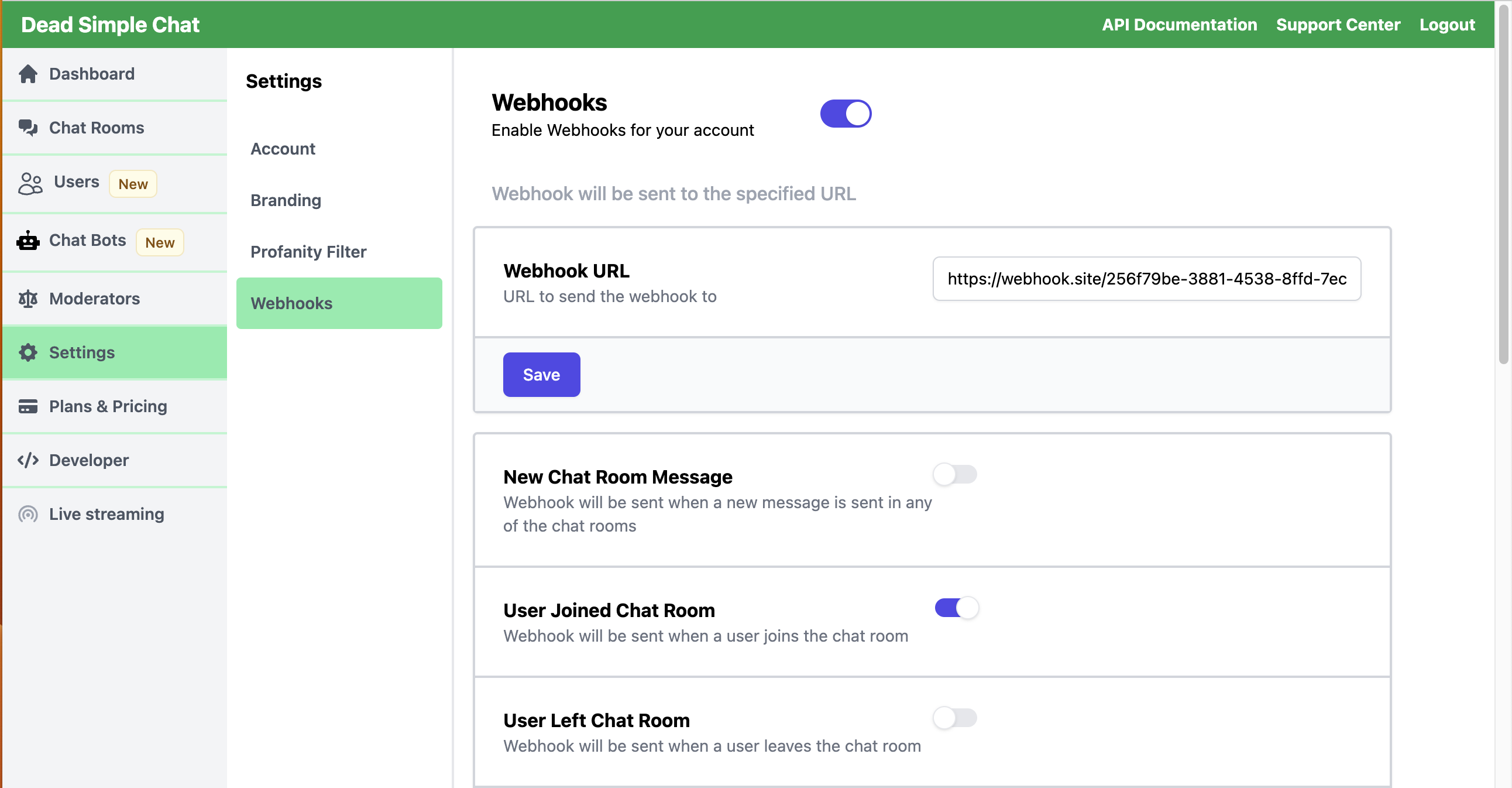 Setting up User Joined Chat Room Webhook