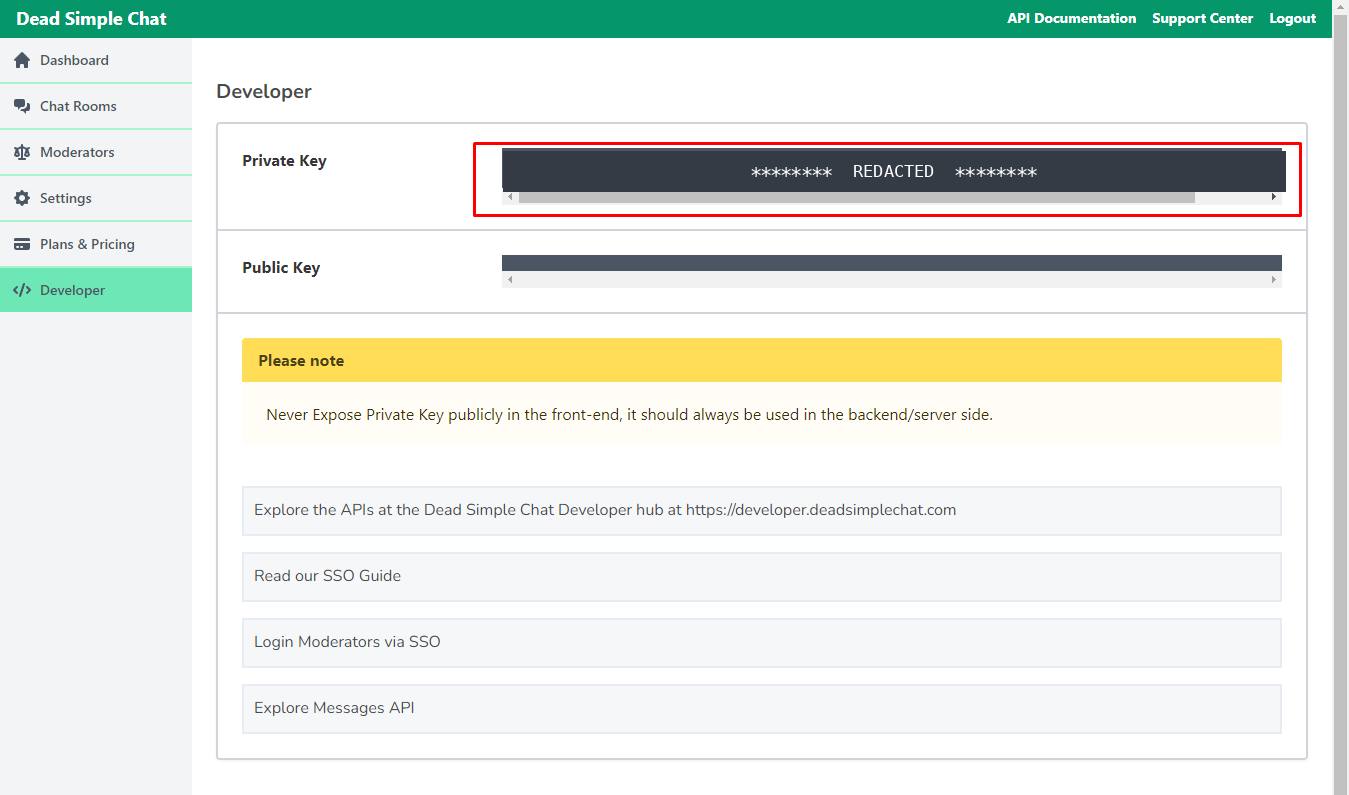 The Developer page, with the Private Key field highlighted