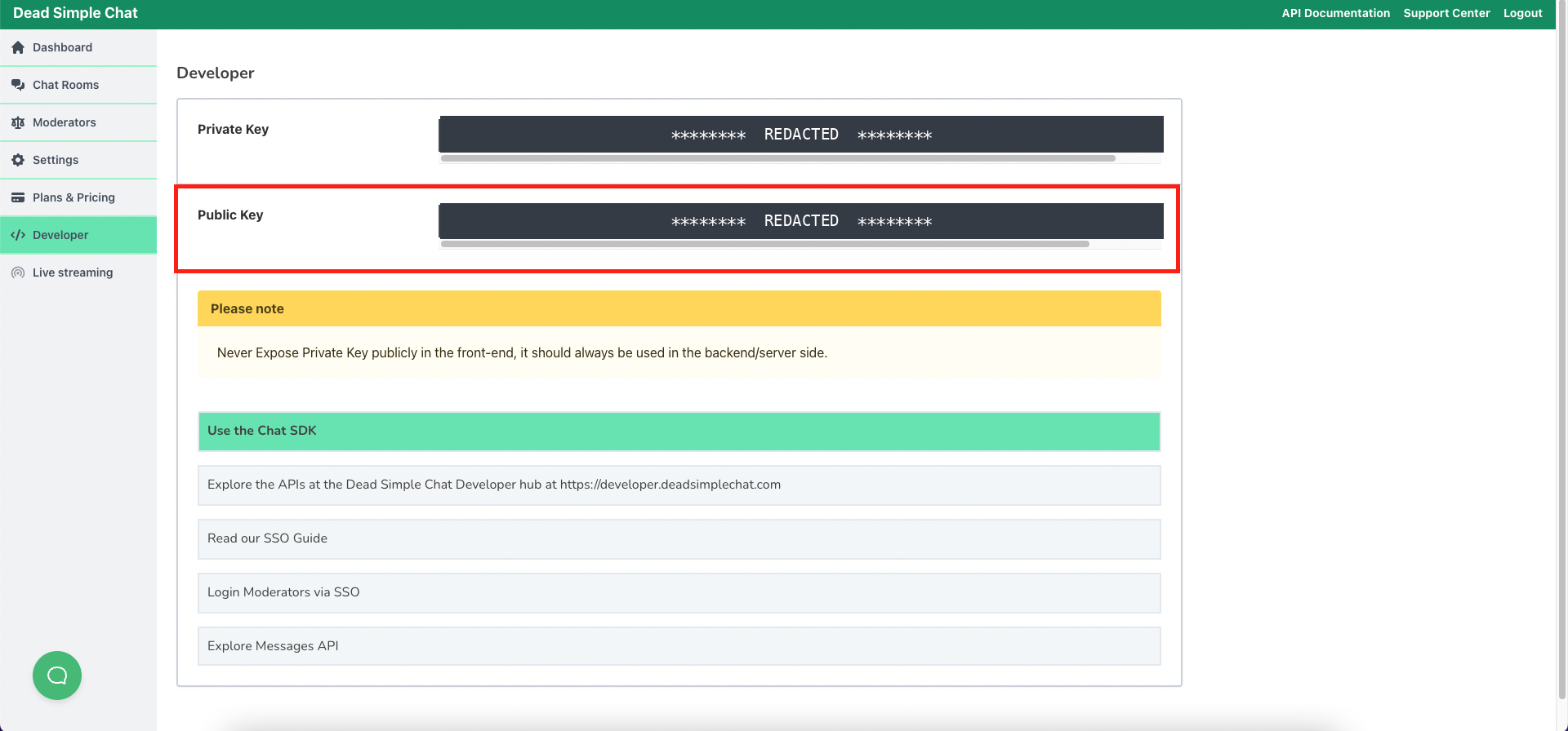 The Developer page, with the Public Key field highlighted