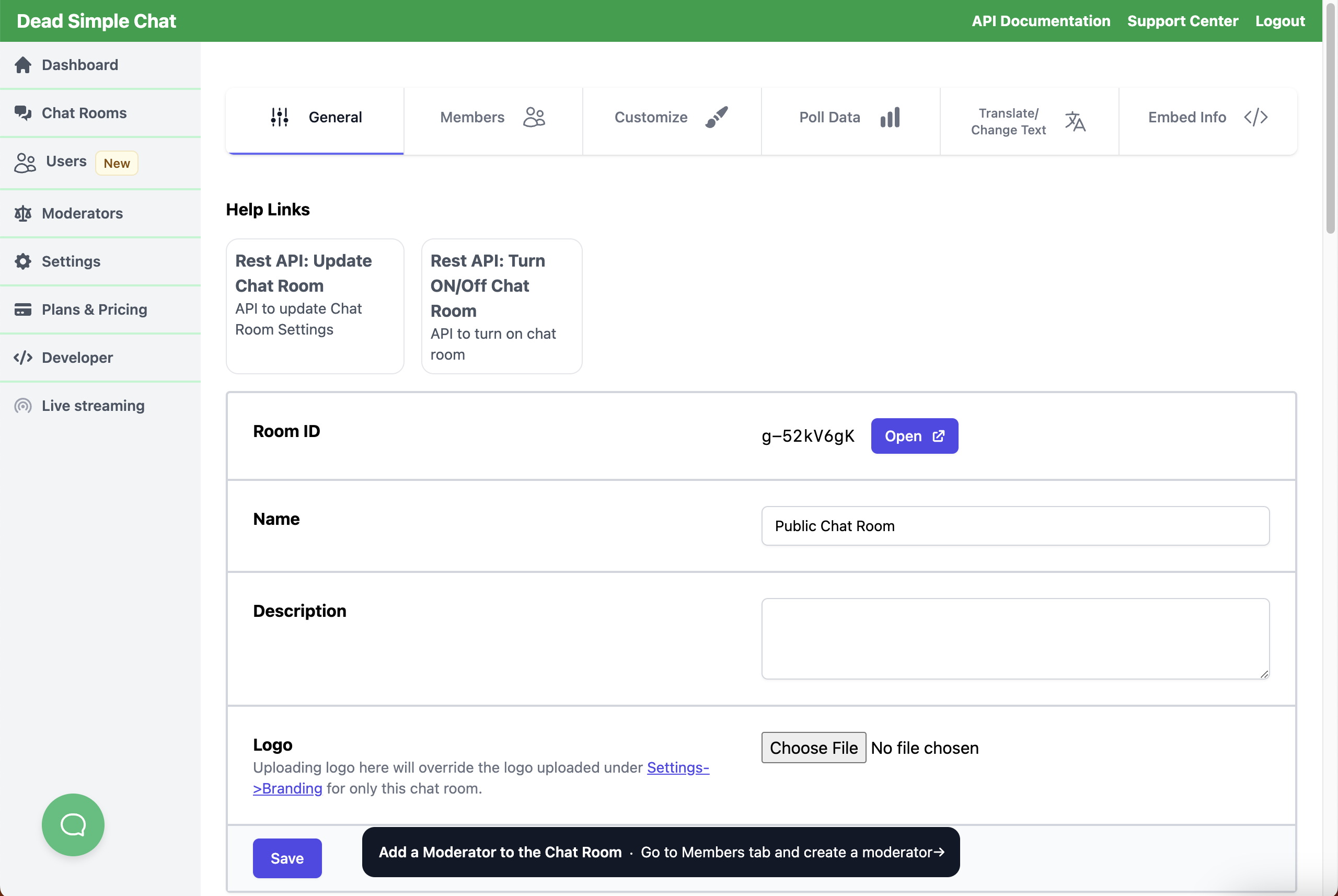 Chat Room Settings Page
