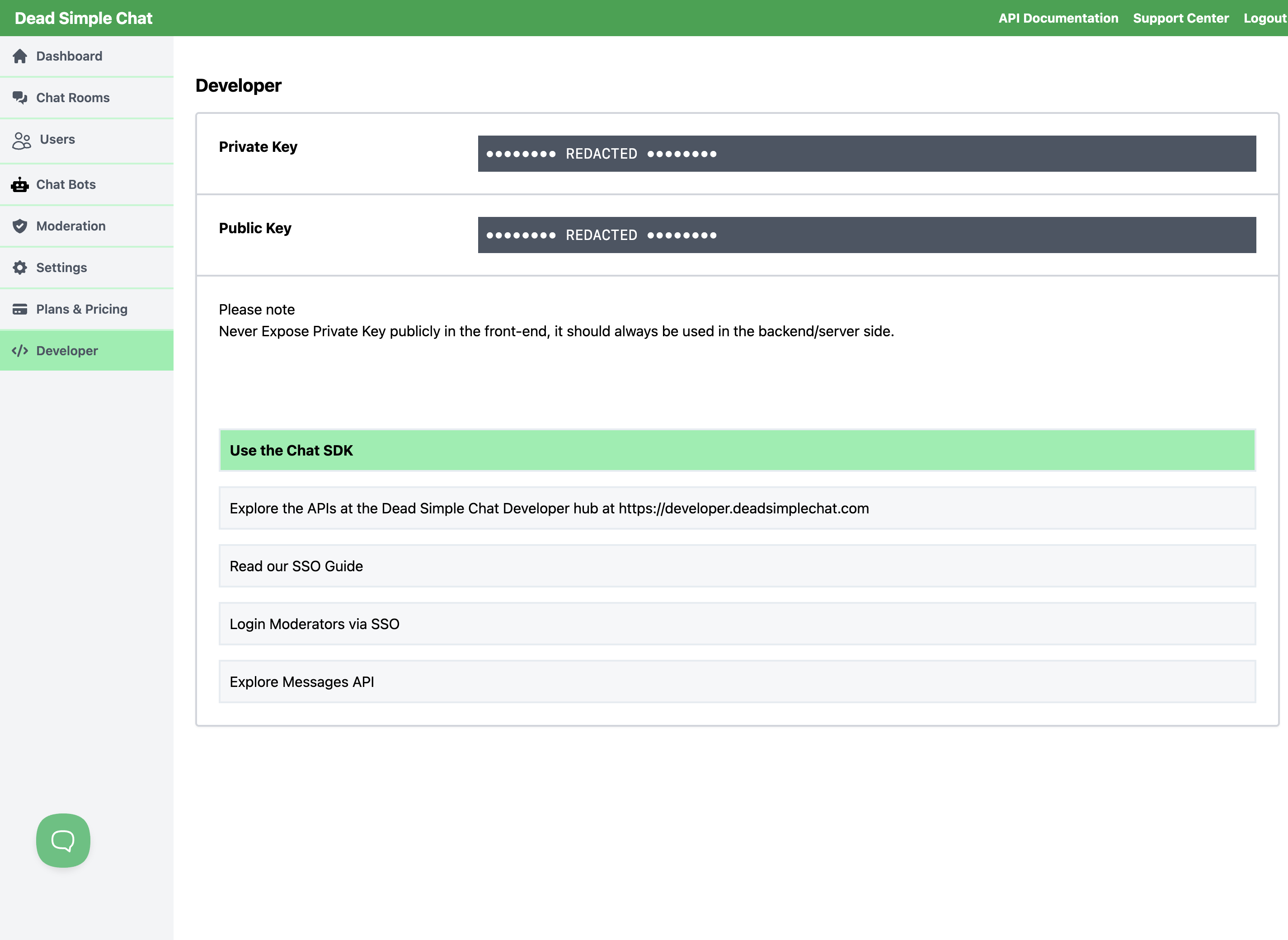 The Developer page, showing the Private Key and Public Key for your account
