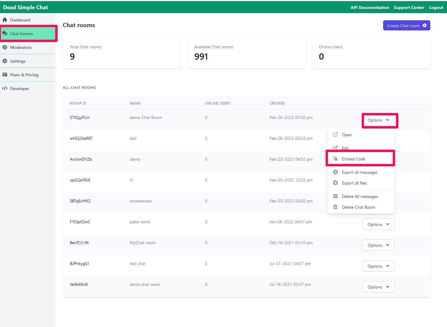 Dead Simple Chat Dashboard with Get Embed Code button highlited