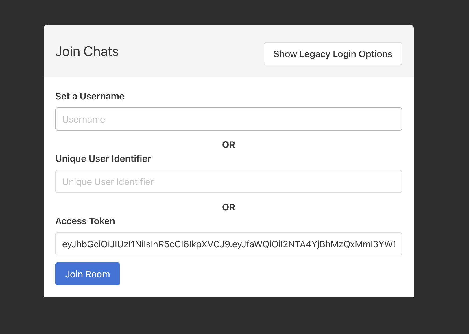 The join screen, with the access token pasted in