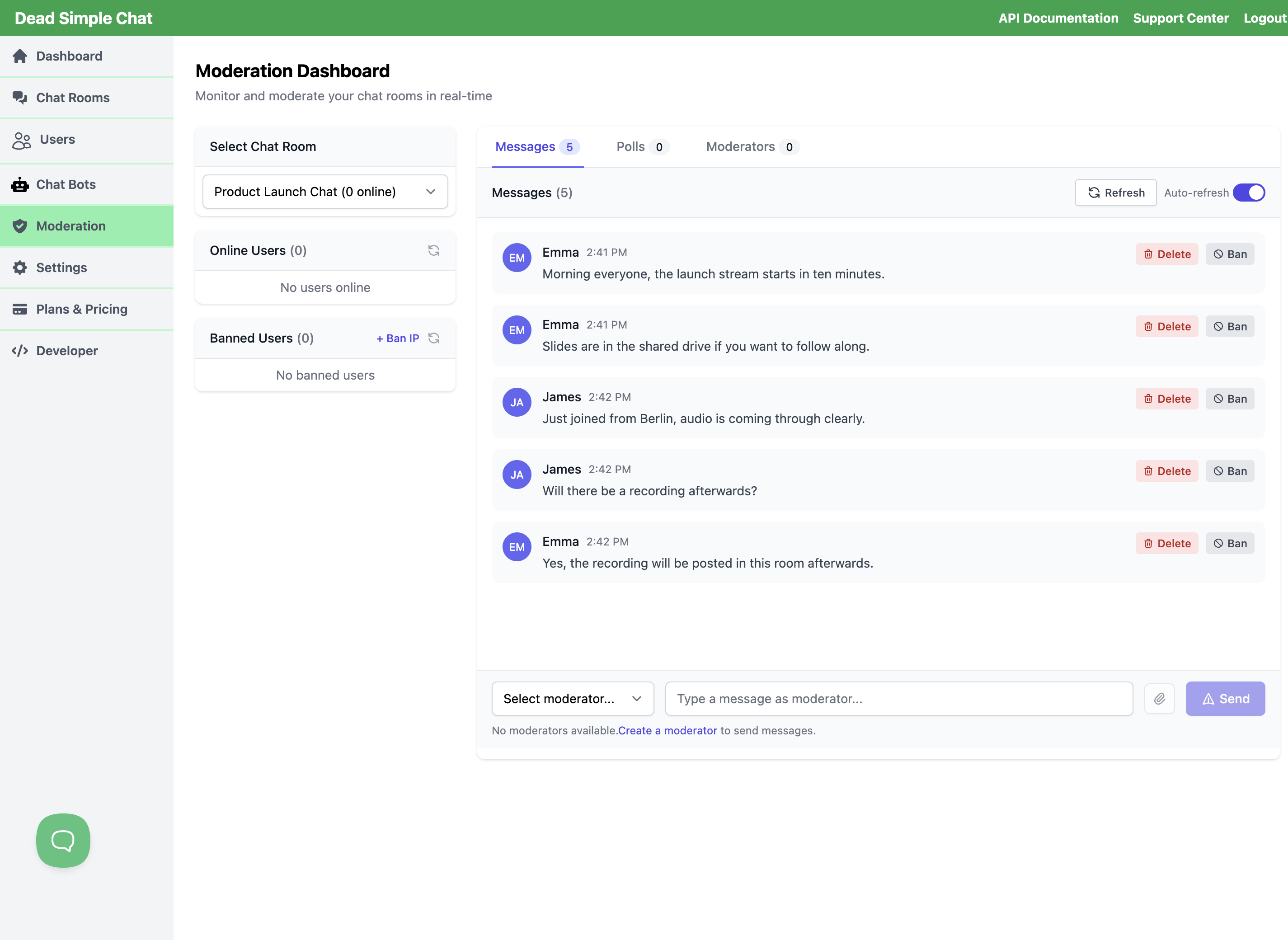 The Moderation Dashboard with a room selected