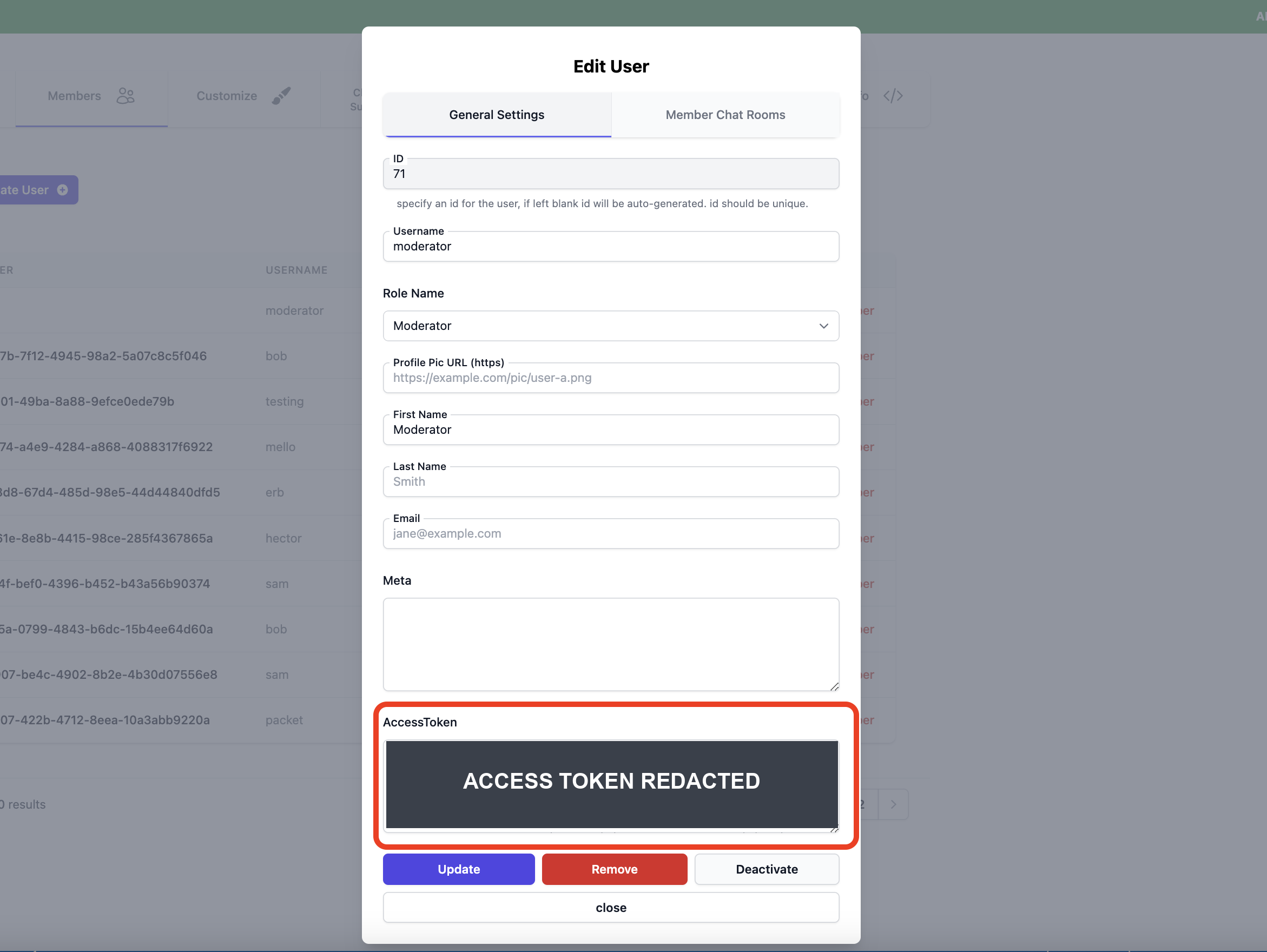 A member with the Moderator role, and their access token
