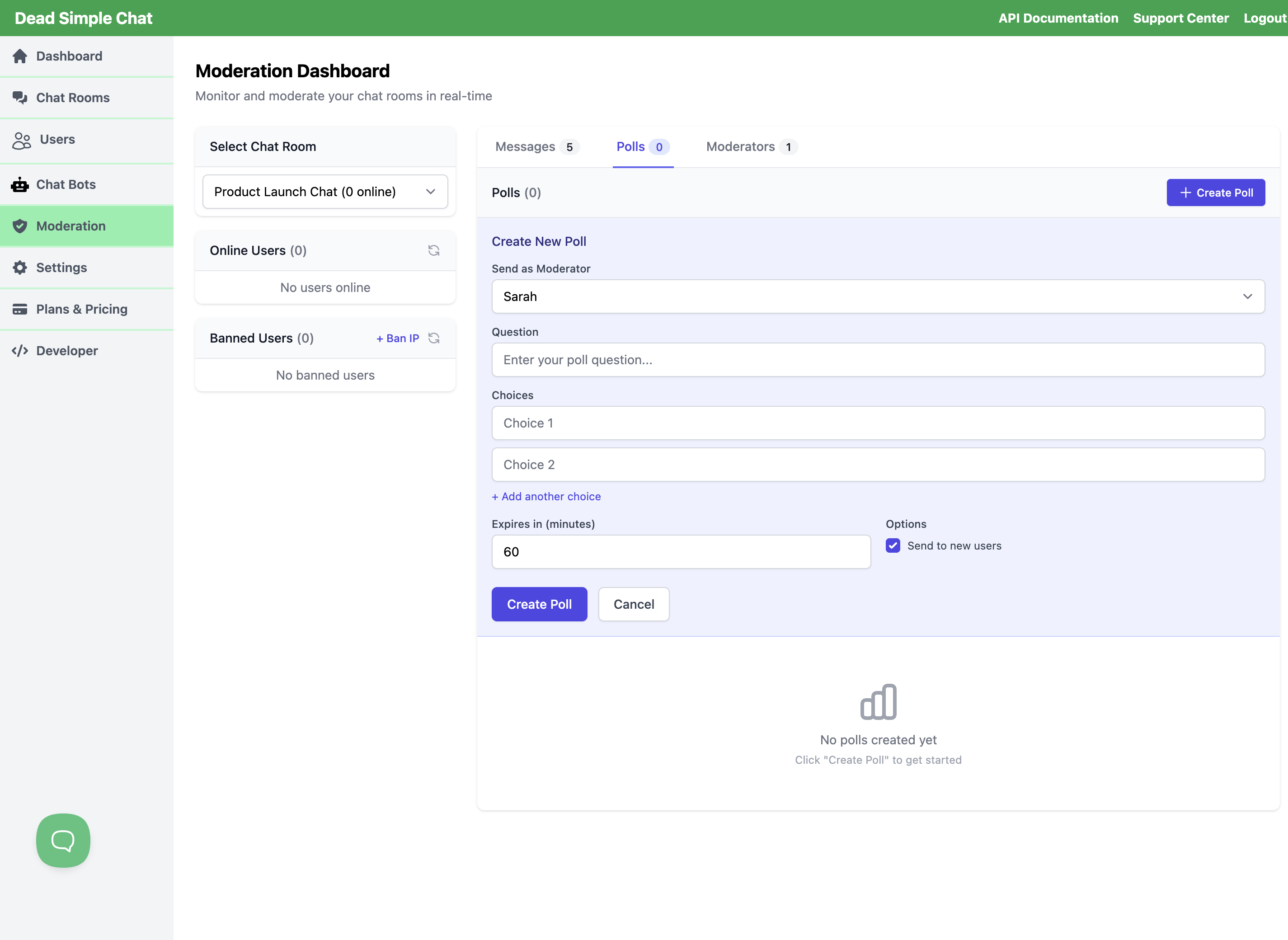 Creating a poll from inside the chat room