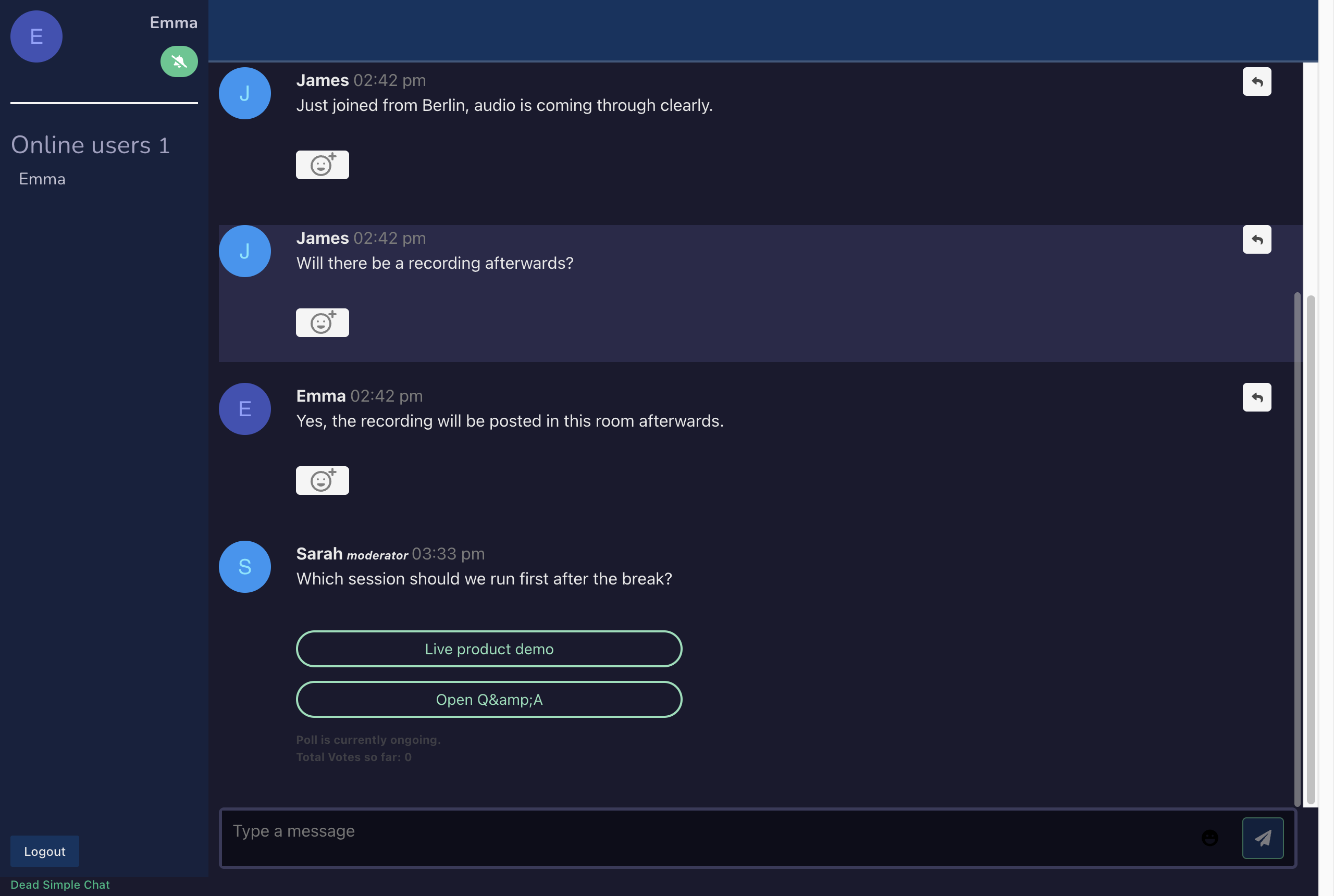 Poll results in the chat room