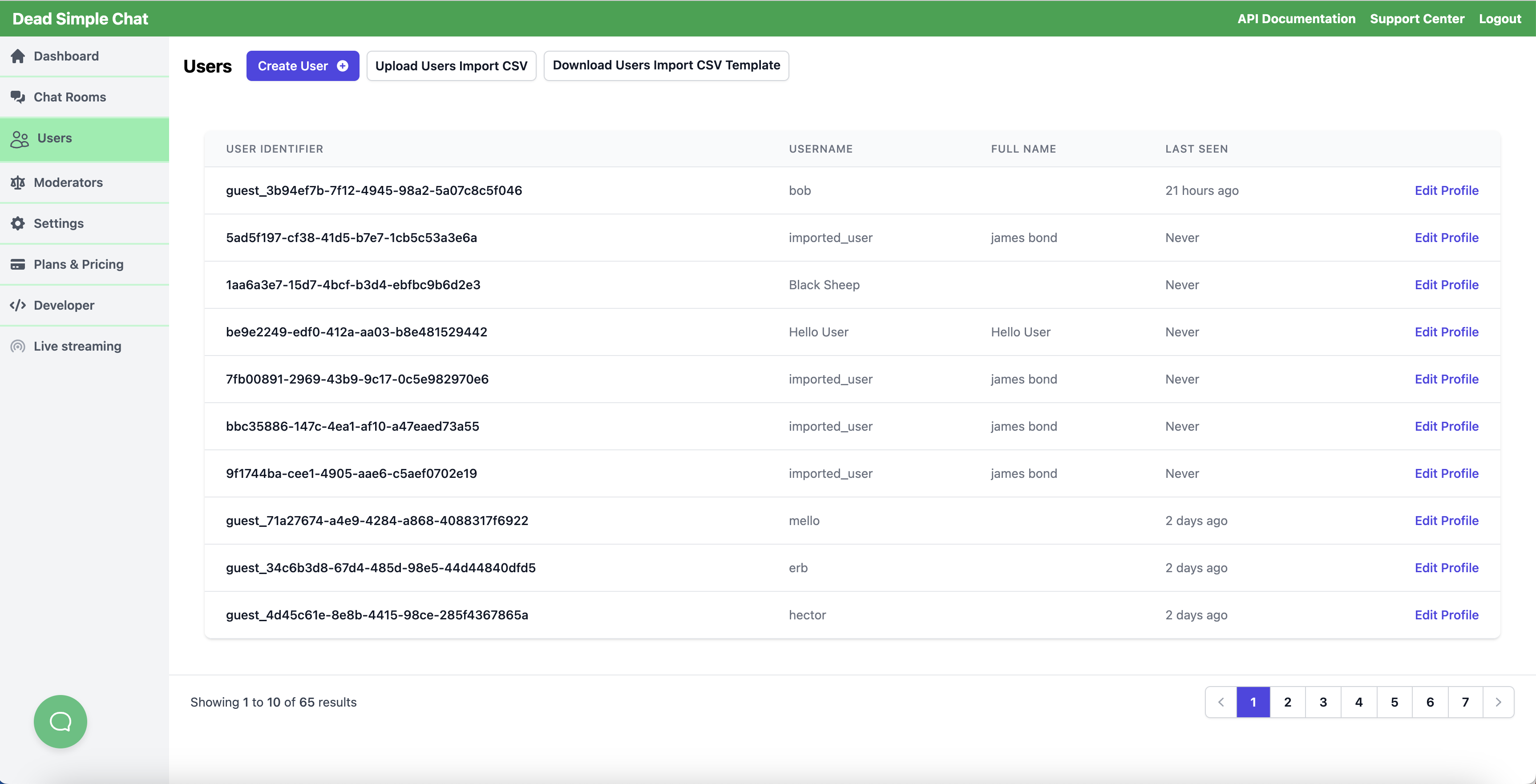 Users Page in Dead Simple Chat